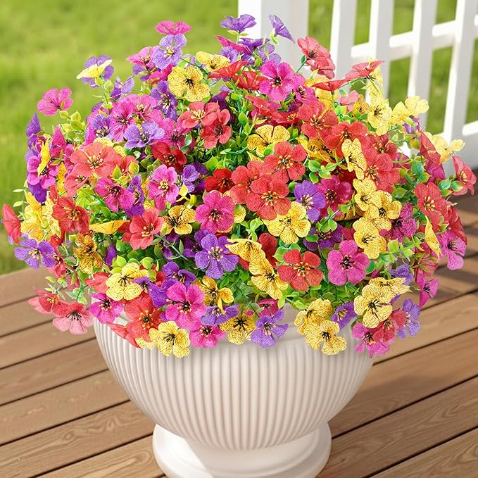 Lifewit Artificial Flowers for Outdoor Indoor, 12 Bundles Plastic Fake Flowers Daisy with Eucalyptus Leaves for Home Garden Decor, Porch, Window Box(Mix for Fuchsia Purple Yellow Red)