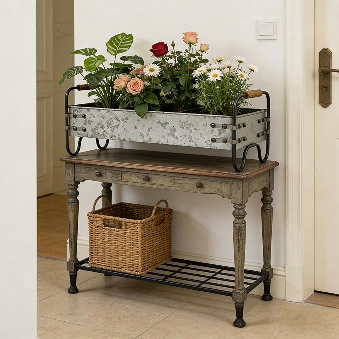 Rustic Galvanized Metal 3-Compartment Planter with Wood Handles, Vintage Style Succulent Herb Flower Pot for Indoor Outdoor Garden, Kitchen, Windowsill Decor