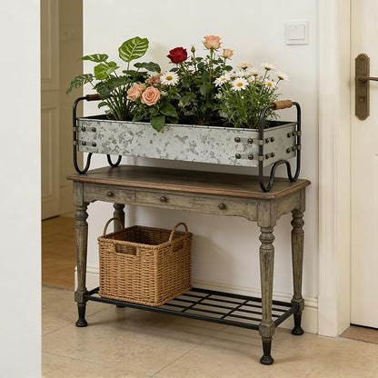 Rustic Galvanized Metal 3-Compartment Planter with Wood Handles, Vintage Style Succulent Herb Flower Pot for Indoor Outdoor Garden, Kitchen, Windowsill Decor