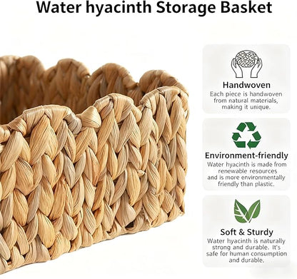 Scalloped Basket, Wicker Storage Baskets, Hand Woven Baskets for Shelves,Natural Baskets for Organizing (Water Hyacinth(M-14" L x 10.5" W x 6" H))