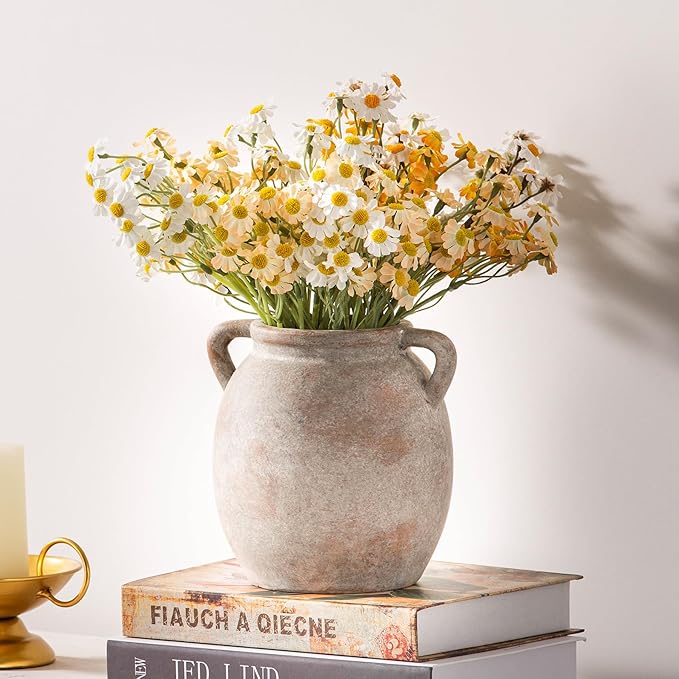 Ceramic Flower Small Vase 6 inch Farmhouse Rustic Vase Decorative Pottery Terracotta Vases for Home Decor Table Mantle Fireplace Living Room Bathroom Wedding Centerpiece