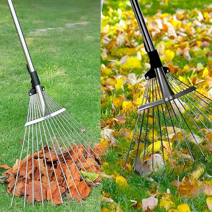 Adjustable Garden Rake, Heavy Duty 34 to 67 Inch Expandable Leaf Rake with 7-14 inch Wide Head, Shrubs, Yard, Garden Beds, Professional Landscaping Tools