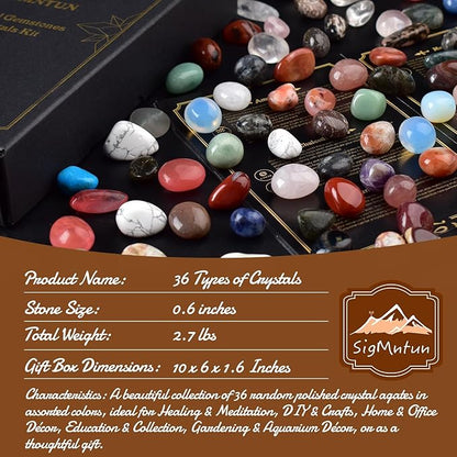 Polished Healing Crystal Chips Stones Set, Christmas Gift - 36 Different Natural Gemstone Types, 2.5 lbs 0.6" Tumbled Decorative Rocks Collection for Chakra, Meditation, Reiki, Crafts