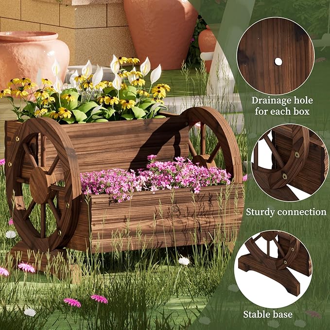 Garden Planter with Wheels, Wooden Wagon Box, Decorative Planter for Flowers Herbs Vegetables for Indoor & Outdoor Décor Flower Cart for Patio Garden Balcony (Carbonized)