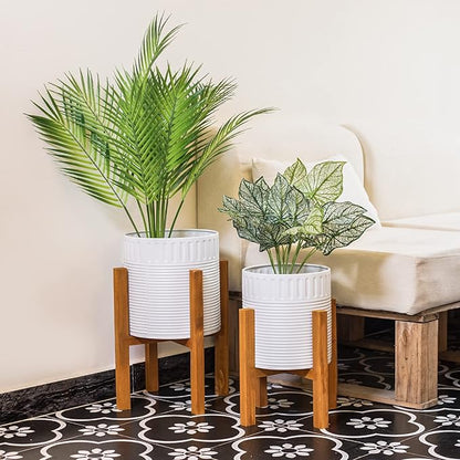 2-Piece White Metal Planter Set with Wood Stand, Indoor Mid Century Modern Planters with Drainage, 8" & 10"