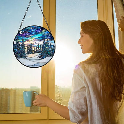 Stained Glass Window Hanging, Starry Sky Trees and Snow Sun Catchers Glass Panel Blue Suncatcher Decor for Birthday for Women, Men, Wife, Aunt, and Mom 11.8x11.8 in