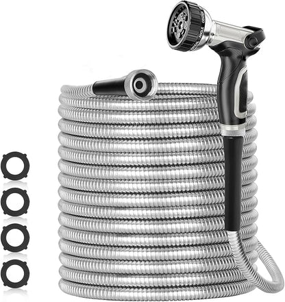 SPECILITE 120ft 304 Stainless Steel Garden Hose Metal, Heavy Duty Water Pipe with Nozzles for Yard, Outdoor - Flexible, Never Kink & Tangle, Puncture Resistant (Sliver)