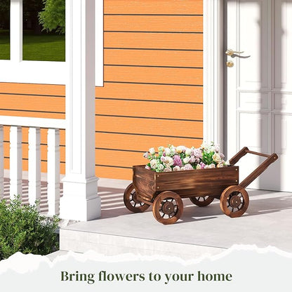 PULIJIA Wooden Wagon Planter Outdoor Garden Planter, Trolley Decoration Succulent Flower cart, Indoor Outdoor Backyard Balcon Decor cart with Wheels, Planter for Patio. (HC-L)