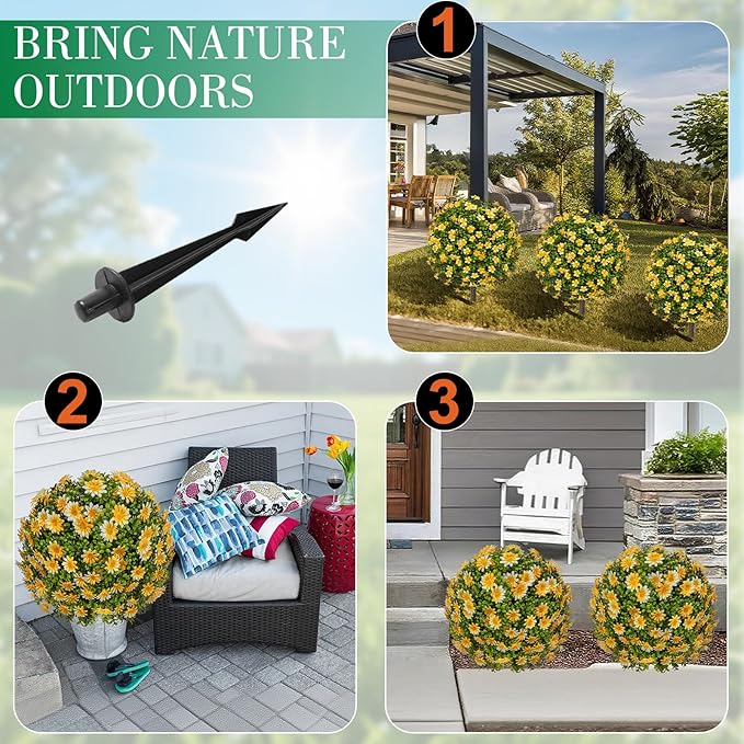 25" Artificial Topiary Ball Fall Tree with Yellow Daisy，Fake Mums Plants with Ground Spike，Set of 2 UV Resistant Faux Bushes, Fake Shrubs for Garden, Patio, Porch, Yard, Indoor
