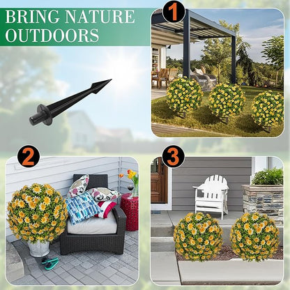 25" Artificial Topiary Ball Fall Tree with Yellow Daisy，Fake Mums Plants with Ground Spike，Set of 2 UV Resistant Faux Bushes, Fake Shrubs for Garden, Patio, Porch, Yard, Indoor