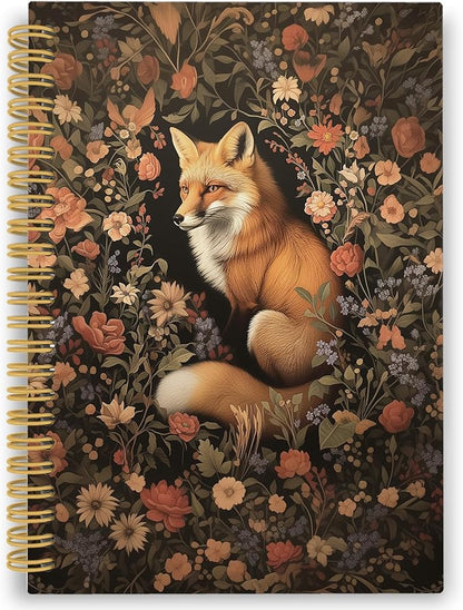 Fox Floral Spiral Notebook, Retro Black Cottagecore Floral Journaling Notebooks for Note Taking, Vintage Flower Aesthetic Hardcover Journals for Women 160 Pages 5.5x8.3 Inch, Fox Gifts for Women