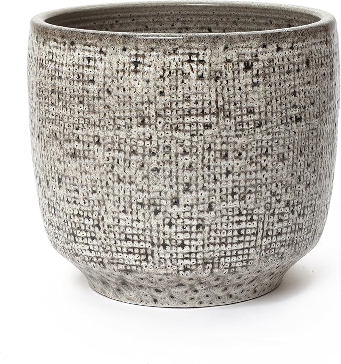 LuxenHome 15.5-Inch Dia Round Ceramic Planter Pot for Outdoor Plants, Gray Grid-Pattern Glazed Large Ceramic Plant Pot with Drainage Hole and Rubber Plug, Indoor Flower Pots for Home Garden Patio