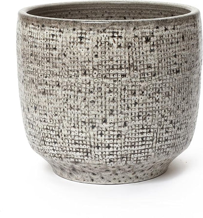 LuxenHome 15.5-Inch Dia Round Ceramic Planter Pot for Outdoor Plants, Gray Grid-Pattern Glazed Large Ceramic Plant Pot with Drainage Hole and Rubber Plug, Indoor Flower Pots for Home Garden Patio
