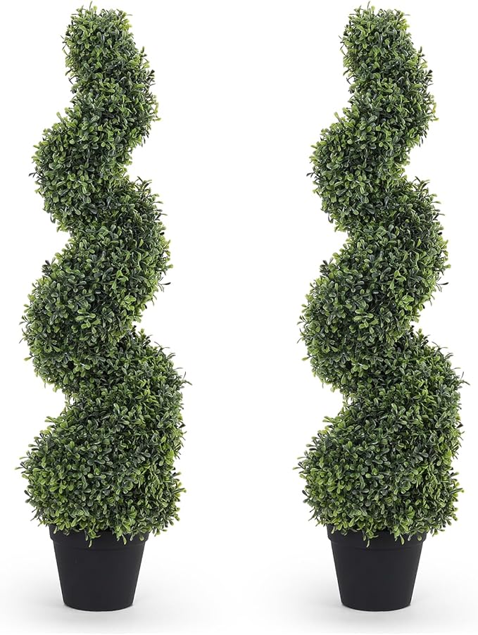 THE BLOOM TIMES 3ft Spiral Topiary Trees Artificial Outdoor Set of 2, 36" Faux Boxwood Plants Outside - All-Year Green Fake Twisted Tree for Garden Front Porch Planter Decor 3 Foot