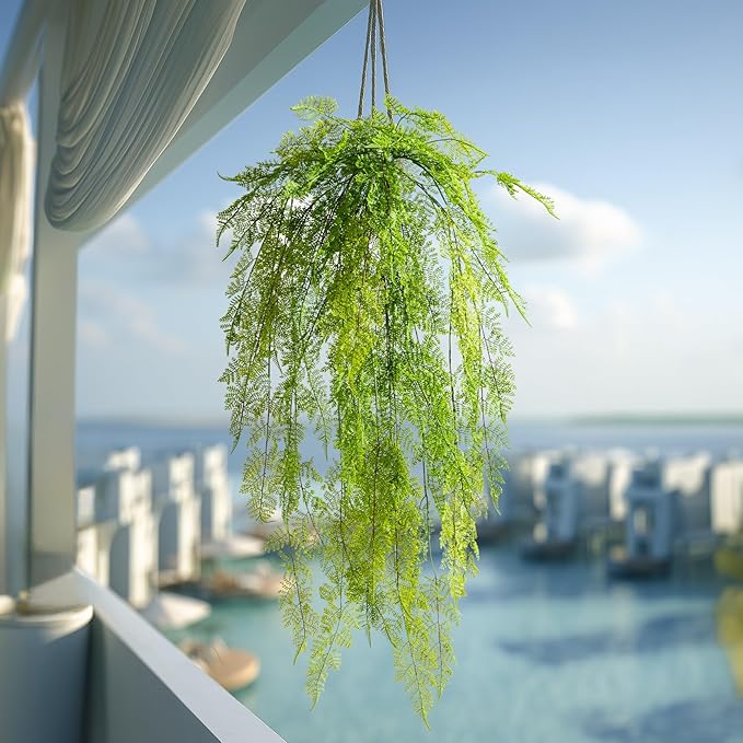 Faux Haning 2PCS 49IN Fake Fern Wall UV Resistant Artificial Fake Ivy Faux Greenery Plants for Patio Porch Plastic Plants for Indoor Outdoor