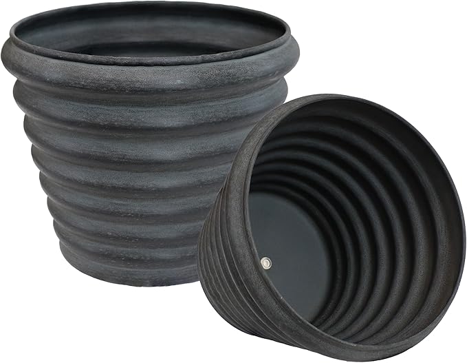 Sunnydaze Molly 12.5" Metal Outdoor Plant Pot Set with Drainage Holes and Rubber Plugs - Matte Gray - Set of 2