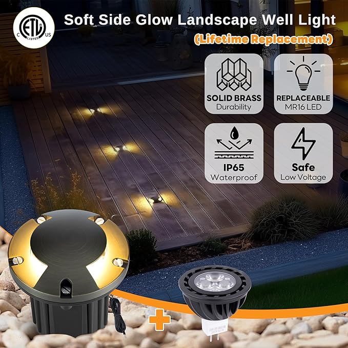 Gardenreet Low Voltage Landscape Well Lighting - Brass In-Ground Hardwired Replaceable Bulb Ip65 Light, LED 12V Fixture, Antique Bronze for Path Patio Floor with 5000K Daylight White MR16 Bulb