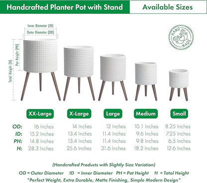 D'vine Dev 10 Inch Modern Geometric Tile Patterned Sleek Planter Pot with Stand, Indoor Outdoor Decorative Plant Holder, Matte White, 88-Z-B-1