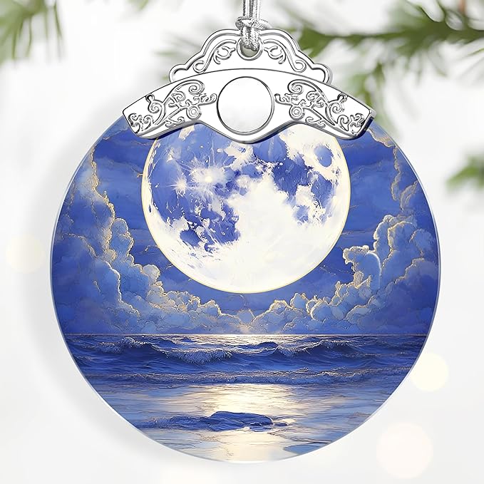 Full Moon Over Ocean Ornament – Christmas Decoration & Christmas Ornament; Stained Glass Holiday Decoration (Holiday Present, Bauble Present, Gift Idea, Gift Exchange) | Heirloom Keepsakes