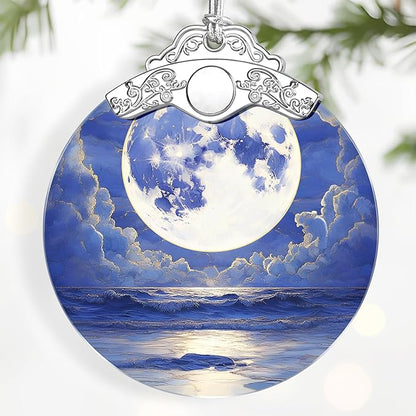 Full Moon Over Ocean Ornament – Christmas Decoration & Christmas Ornament; Stained Glass Holiday Decoration (Holiday Present, Bauble Present, Gift Idea, Gift Exchange) | Heirloom Keepsakes