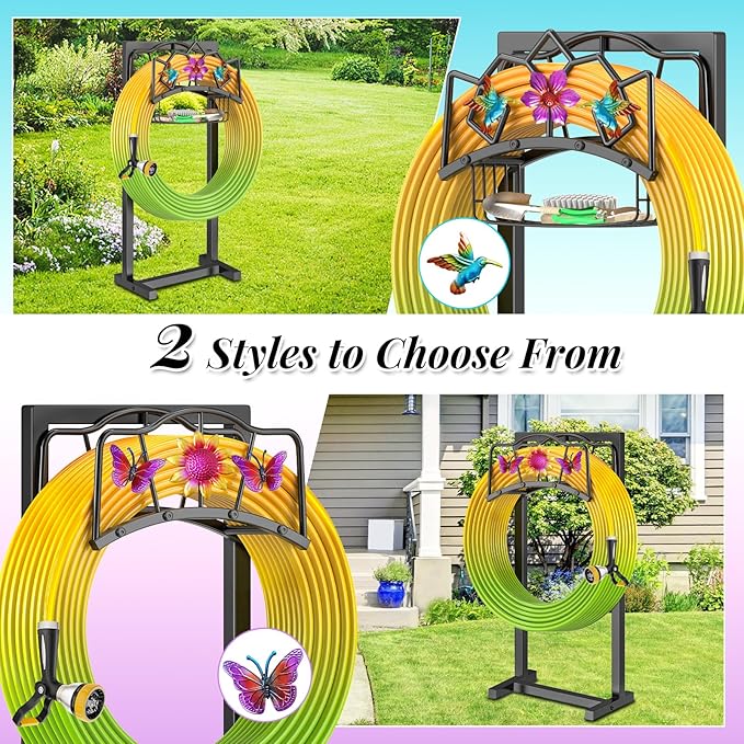 Garden Hose Holder, Heavy Duty Metal Water Hose Holders Stand with 4 Spikes, Freestanding Outdoor Water Pipe Storage Rack Hanger 150ft for Outside Yard Lawn Decor