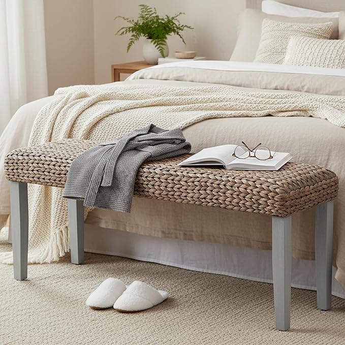 Farmhouse Indoor Solid Wood Acacia Benc with Natural Woven Benches Seat, Boho Bench Entryway, Wooden Bench for bedroom end of bed or Living Room or Vintage Entryway Bench Seat (Grey, Water Hyacinth)