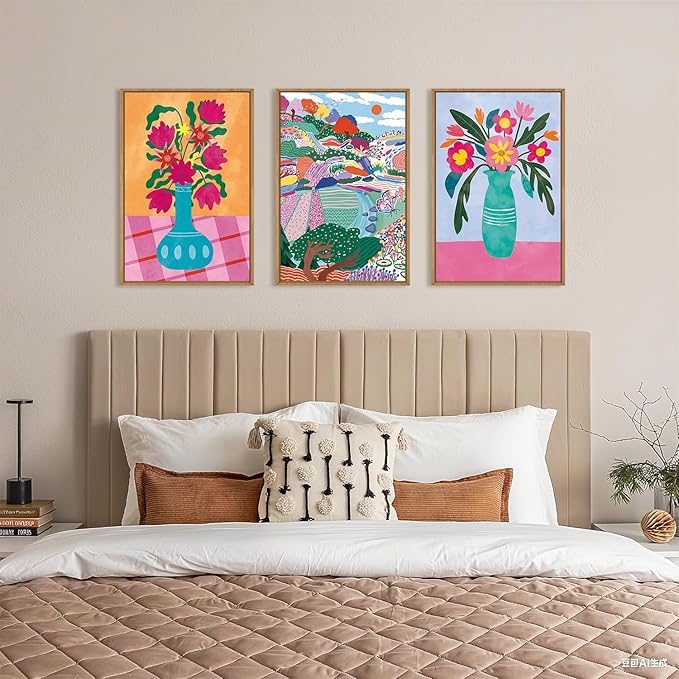 HOURIA Colorful Flower Field Landscape Framed Canvas Wall Art Set,Abstract Pink Floral Vase Wall Decor,Natural Botanical Tree Artwork,Modern Sunrise Art Prints for Living Room,Farmhouse-24 x36 x3