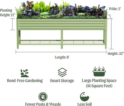 Elevated Raised Garden Bed-V Series, 2' x 8' Garden Beds with Legs & Storage Rack for Patio Porch, 1400 Lbs Weight Capacity, Outdoor Planter Boxes for Gardening Herbs Vegetables Flowers, Modern Gray