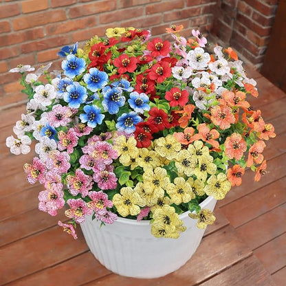 Artificial Flowers for Outdoors, 12 Bundles Faux Outdoor Plants, Faux Fake Plants for Porch Patio Yard Planters, Outdoor Faux Flowers, White+Pink+Yellow+Orange+Blue+Red