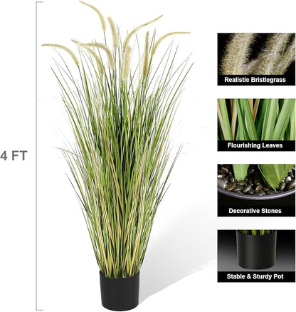 KOL 4ft Artificial Horsetail Grasses (2-Pack) - 47.2in Tall Realistic Faux Plants for Indoor Outdoor, Potted Fake Grass Decor for Home Office Wedding, Low Maintenance Houseplant Gift