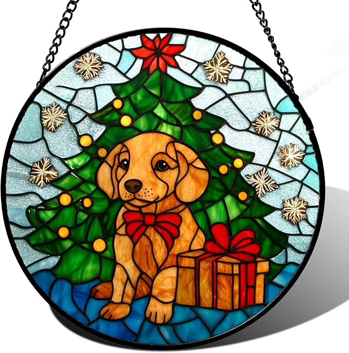 Stained Glass Window Hanging Green Christmas Tree Snowflake Dog Large 15" - Suncatcher Door Garden Sun Catcher Xmas Holiday Decor Birthday for Mom Men Woman Friend Nana