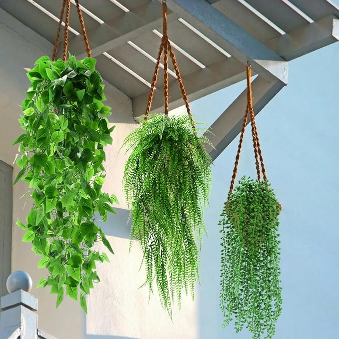 24 Pcs Artificial Hanging Plants Fake Hanging Ferns Plastic Faux Plants for Wall Room Garden Garland Indoor Outdoor Decor No Basket (Boston,Eucalyptus,Ivy Vine,String of Pearls)
