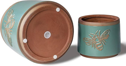 YBX Terracotta Pots Inch with Drainage Holes, Bee Decor, Ceramic Pots for Indoor Plants Flower Pots Outdoor, Succulent, Herbs, Snake Plants (Turquoise, 8+6+4 Inch)