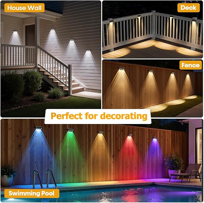 NIORSUN Solar Fence Lights,8 Pack Solars Deck Light,RGB Color,Outdoor Bulb Waterproof Led IP65,Outdoor Fence Light,Power Patio Lamp with Lenses for Outside/Backyard/Railing/Yard(Black)