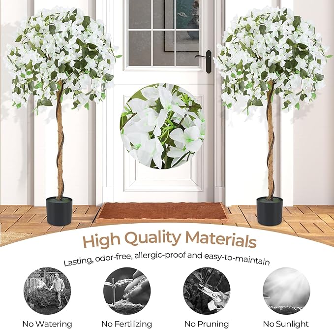 GOFLAME 53" Artificial Bougainvillea Tree, 2 Pack Faux Silk Flower Plant in Pot with 576 Flowers & 288 Leaves, Indoor Outdoor Fake Bougainvillea for Home, Office and Garden Decor, White