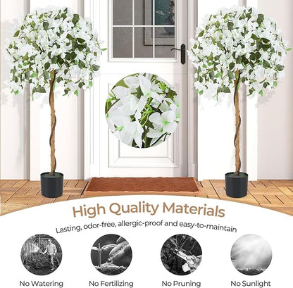 GOFLAME 53" Artificial Bougainvillea Tree, 2 Pack Faux Silk Flower Plant in Pot with 576 Flowers & 288 Leaves, Indoor Outdoor Fake Bougainvillea for Home, Office and Garden Decor, White