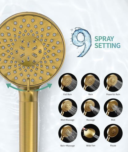 Filtered Shower Head with Handheld, High Pressure 9 Spray Mode Brushed Gold Showerhead with Filters, Detachable Shower Head, Water Softener Filters Beads for Hard Water - Remove Chlorine
