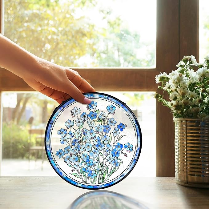 TNUW Blue Forget Me Not Flower Stained Glass Window Hanging, Blue Flower Sun Catchers Indoor Window Glass Round Wall Art Decor, Floral Botanical Wall Hanging Decorations, 7.9＂x7.9＂