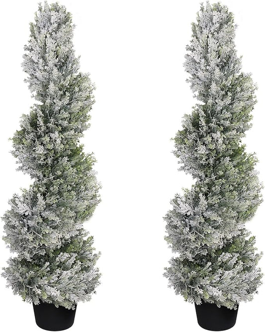 THE BLOOM TIMES 3ft Snow-Flocked Spiral Artificial Topiary Trees Set of 2, 36 inch Faux Cedar Trees for Front Porch Christmas Planter Decor, Fake Plants for Indoor or Covered Outside Display 3 Foot