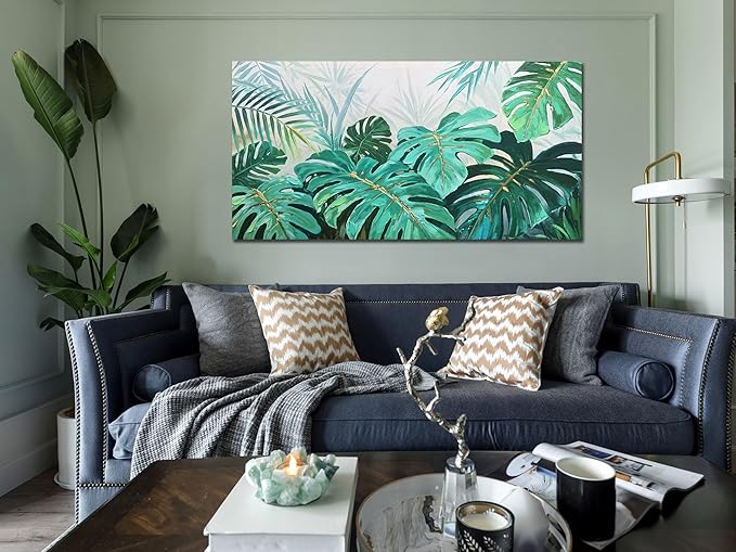 Enartly Tropical Green Leaf Canvas Wall Art Monstera Palm Leaf Painting Jungle Plant Botanical Picture Nature Artwork Print Framed for Living Room Bedroom Bathroom Office Home Decor, Large 40"x20"