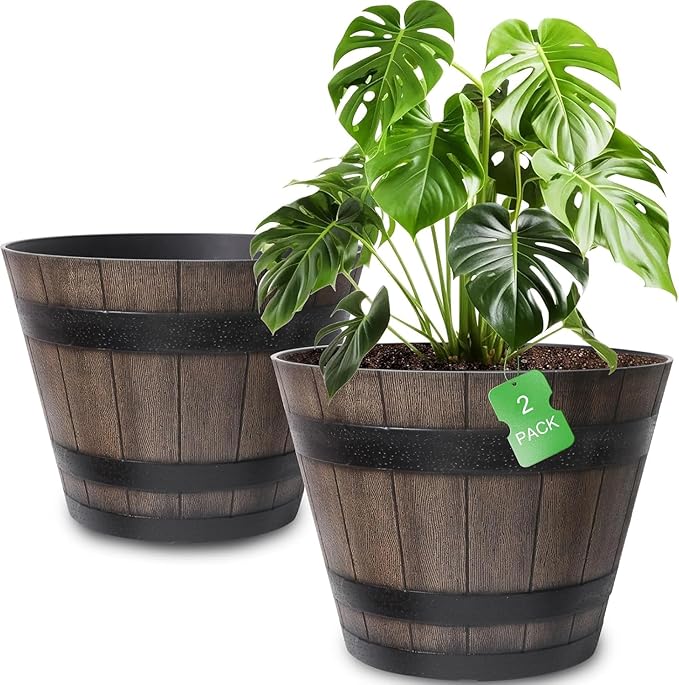 Large Plant Pots, 20 Inch 2 Pack Plastic Whiskey Barrel Planters, Big Flower Pots Wine Barrel Design for Outdoor Indoor, Garden, Porch, Patio, Backyard