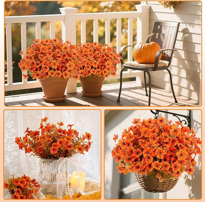 Fall Artificial Flowers for Outdoors Fake Mums for Outside 20 Bundles Faux Silk Orange Dasiy Flower Look Real UV Resistant No Fade Faux Fall Flowers for Front Door Porch Autumn Decoration