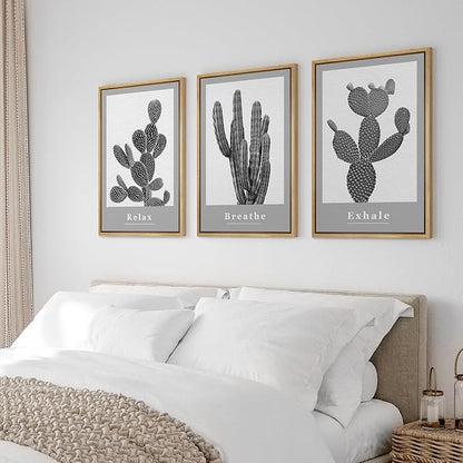 Ashbrook Framed Wall Art Print Set Black & White Grayscale Desert Succulents Nature Wilderness Photography Modern Art Boho Scenic Dramatic for Living Room, Bedroom, Office - 24"x36"x3 Natural