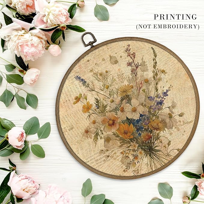 MAQIKA Bohemian White Flower Framed Wall Art Decor, Botanical Wall Art, Boho Floral Bouquet Round Wall Hanging Decor, Vintage Wildflower Canvas Prints Wall Art for Nursery Room Bedroom, 10x10 Inch