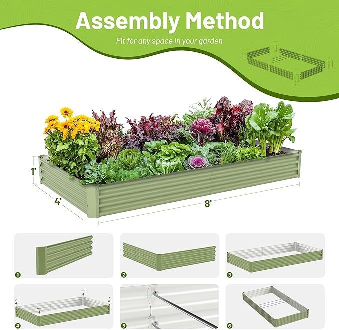 2PCS 8x4x1FT Galvanized Raised Garden Bed Kit,Vegetable Boxes-Rectangle Metal Flower Box,Large Planter Raised Beds Outdoor Garden for Planting,Fruit,Herb-Green