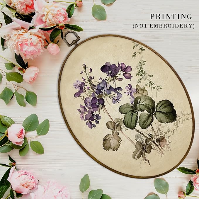MAQIKA Vintage Purple Flower Oval Framed Wall Art Decor, Floral Wall Decor, Wildflower oval Wall Oval Decor, Retro Botanical Canvas Prints Wall Art for Bedroom Living Room, 8.7x11.3 Inch
