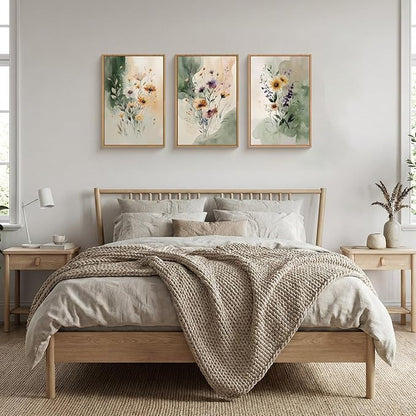 Large Vintage Wildflower Framed Canvas Wall Art,Rustic Watercolor Flowers Wall Decor,Boho Botanical Print,Retro Green Floral Artwork for Living Room,Bedroom,Dining Room -16"x24"x3