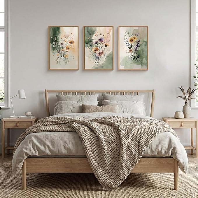Large Vintage Wildflower Framed Canvas Wall Art,Rustic Watercolor Flowers Wall Decor,Boho Botanical Print,Retro Green Floral Artwork for Living Room,Bedroom,Dining Room -24"x36"x3