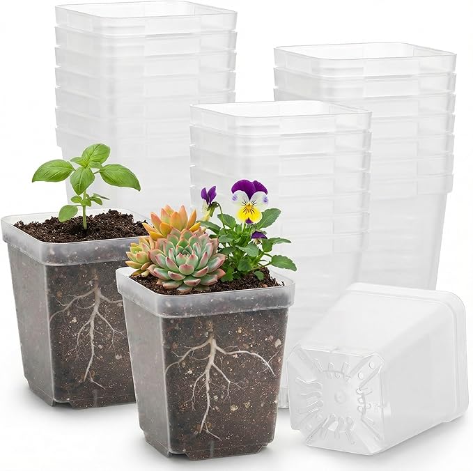 120 Packs Square Clear Nursery Pots with Drainage, 3 Inch Plastic Seedling Pots for Indoor Plants, Thickened Small Transplant Pot for Seed Starting Succulents Vegetables Lettuce Flowers