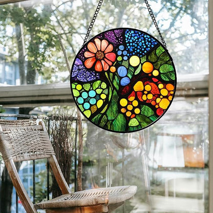Stained Glass Window Hanging Red Flowers Green Blue Orange Dots 7.8" - Suncatcher Door Garden Sun Catcher Home Decor Birthday Christmas for Mom Men Woman Nana